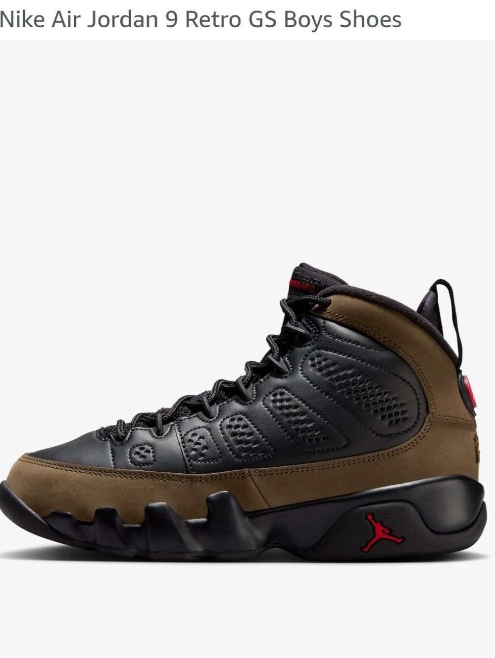 Nike Air Jordan 9 Retro GS Kids Sneakers, Light Olive Suede & Black Leather,2.5Y